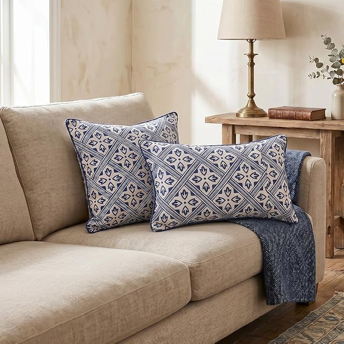 patdrea Designer French Linen Throw Pillow Cover,18"x18",Set of 2-Ivar C | Decorative Pillow Case,Chinoiserie Blue Floral Print Pillow Cover for Couch Living Room Bedroom Sofa