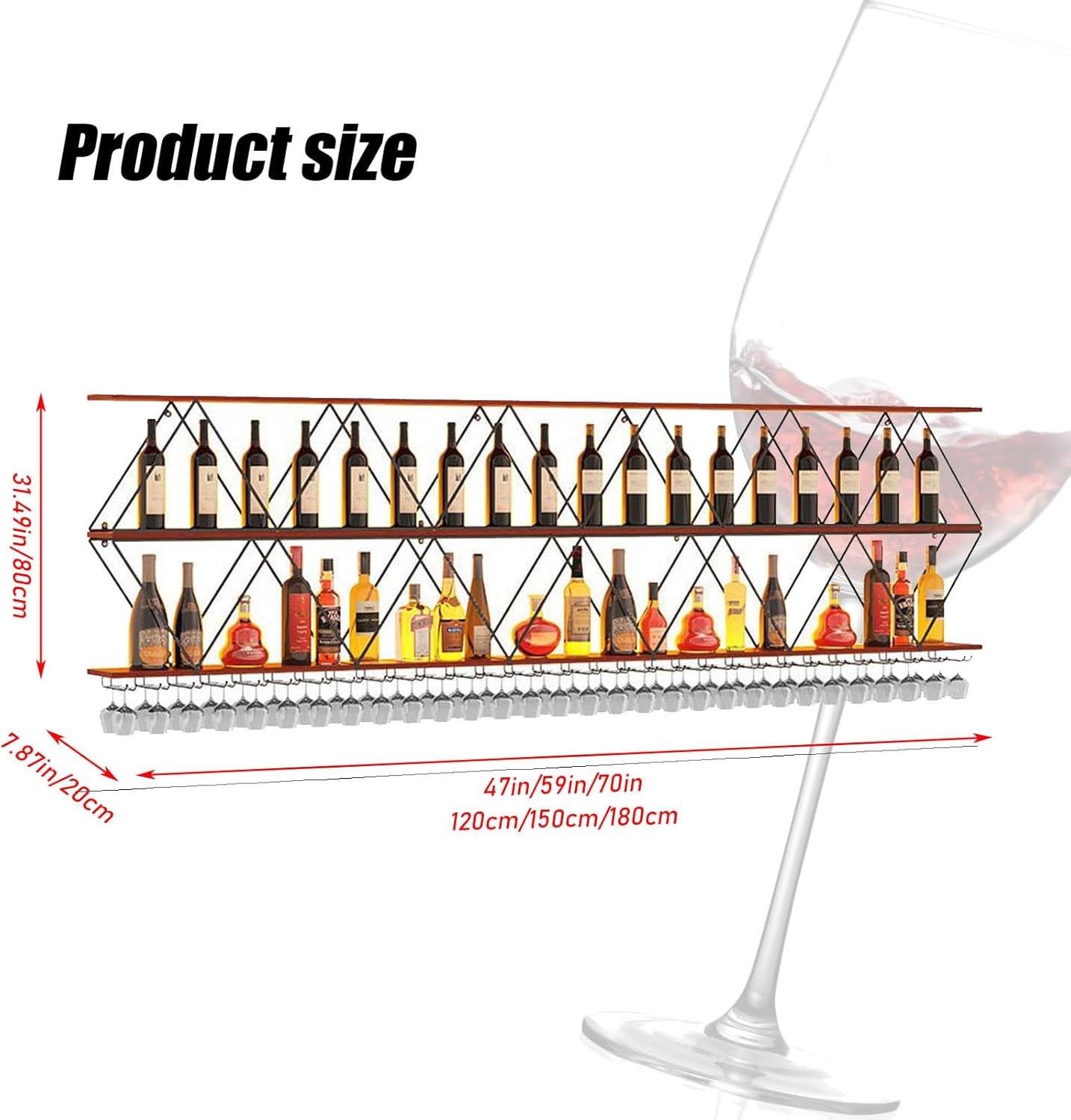 95in Wine Rack Wall Mount with Glass Holder, DIY Floating Wine Rack, Multi-Function Bar Wine Bottle Display Rack for Commercial Restaurants, Tea Rooms, Bars, Wine Cellars (black, 95in/240cm)