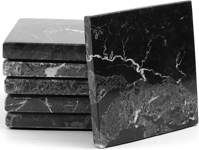 Radicaln Black Marble Coasters Set of 6 Handmade 3.5" Inch Square Coasters for Drinks, Ideal Coaster Set for Home & Kitchen Table Decor