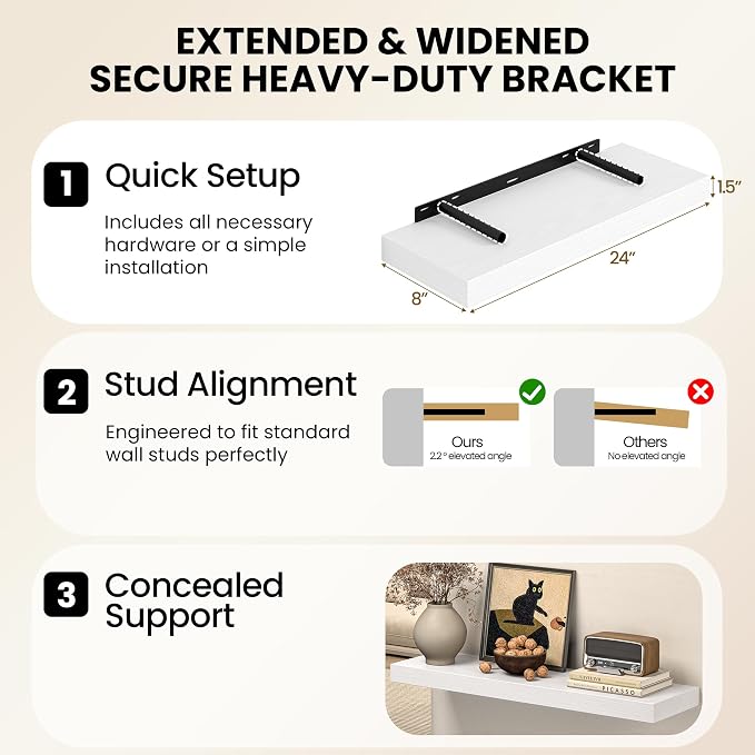 Fun Memories 40 Inch Floating Shelves for Wall, 8 Inch Deep Rustic Wood Floating Shelves Set of 2, Wall Mounted Hanging Shelf with Invisible Brackets for Bathroom, Bedroom, Kitchen, Living Room, White