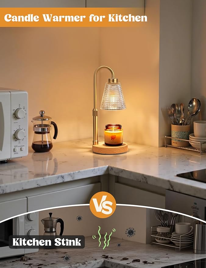 Wood Color& Clear Candle Warmer Lamp with Timer, Dimmable Candle Warmer for Jar Candles, Height Adjustable Wax Melts Warmer, Birthday Gifts for Women Mom, House Warming Gifts New Home Decor