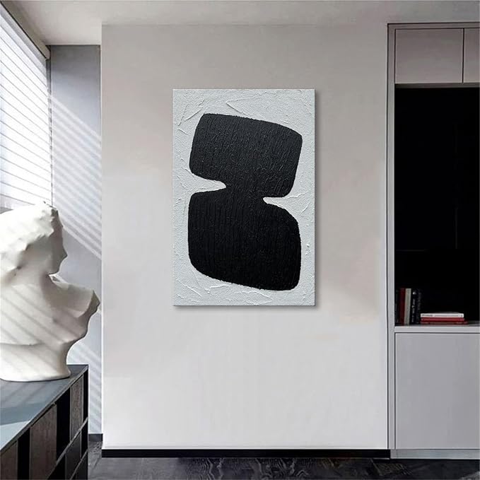 zoinart Hand Painted Black and White Textured Wall Art 24x36 Inches Decorative Oil Paintings on Canvas Abstract Contemporary Art Minimalist Wall Decor
