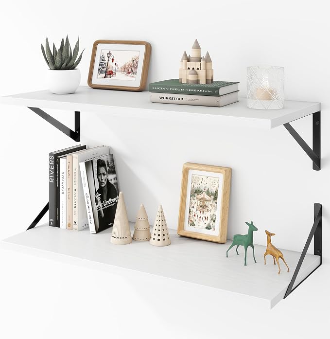 Acovy Deep Floating Shelves Wall Mounted, 30"x12" White Wall Shelves with Brackets Set of 2 for Bedroom, Living Room, Bathroom, Kitchen, Office - Storage & Display Shelf for Decor, Books, Plants