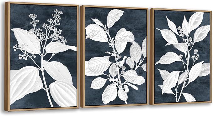 Large Botanical Wall Art for Living Room Natural Wood Float Framed Art Set of 3 White Plant Canvas Pictures Minimalist Artwork Indigo Canvas Prints for Bedroom Home Office Wall Decor 20"X28"X3