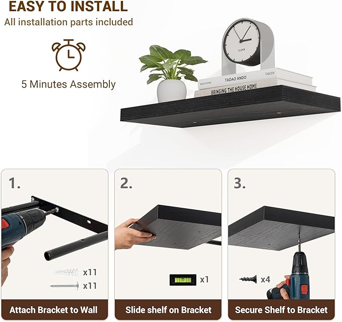Acovy 36 Inch Floating Shelves, 36"x9.25"x1.5" Inch Deep Floating Shelves for Wall, Wooden Shelves for Bathroom, Bedroom, Living Room, Black, 2 Pieces