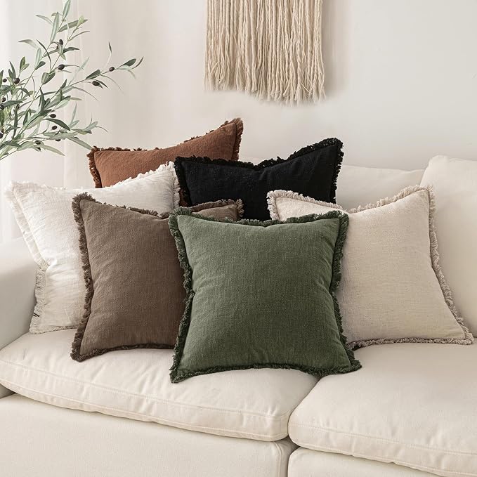 MIULEE Decorative Throw Pillow Covers Neutral Linen Fringe Throw Pillows Set of 2 Cocoa Brown Boho Farmhouse Cushion Covers for Couch Sofa Bed Living Room Fall Home Decor 20x20 Inch