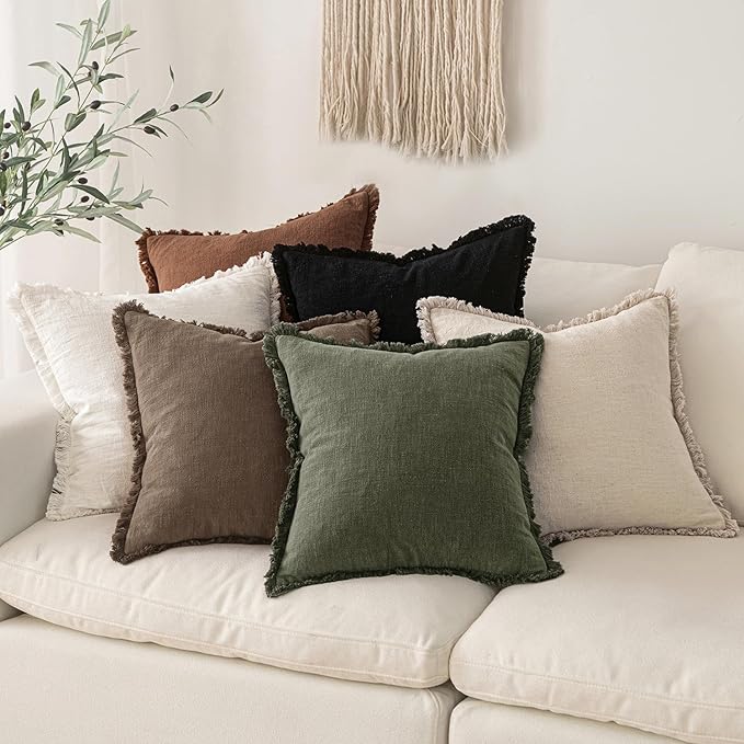 MIULEE Decorative Throw Pillow Covers Neutral Linen Fringe Throw Pillows Set of 2 Cocoa Brown Boho Farmhouse Cushion Covers for Couch Sofa Bed Living Room Spring Home Decor 22x22 Inch