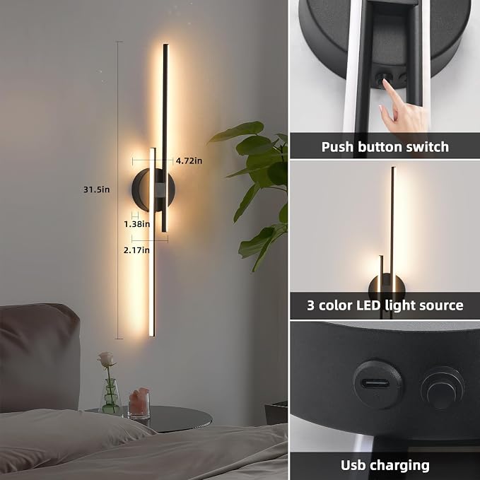 Rechargeable Battery Operated Wall Sconce Set of Two, Black Wireless LED Wall Sconces with Remote Control, Dimmable 3 Colors Cordless Wall Lights for Living Room, Bedroom, Hallway, 31.4 Inch(2pcs)