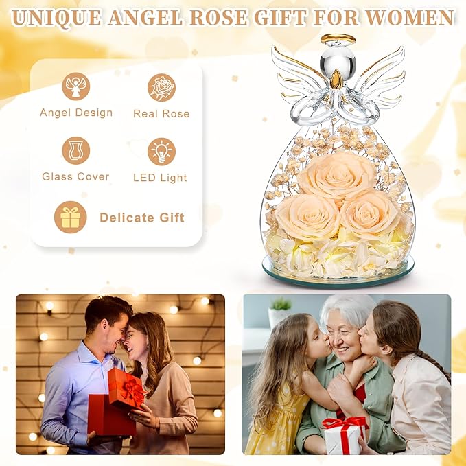 Beferr Mothers Day Mom Birthday Gifts for Women, Fresh Flowers for Delivery Forever Preserved Rose in Glass Angel Figurine, Anniversary Christian Real Rose for Grandma Nana Wife Mum from Daughter Son
