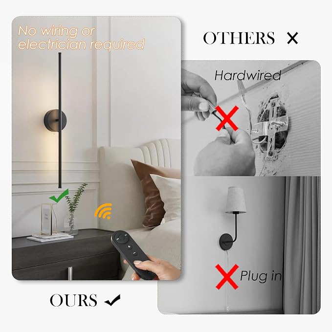 KARTOOSH Battery Operated Wall Sconces, Dimmable Wall Sconces Set of Two, 350°Rotate, 3000K LED Black Wireless Wall Light for Living Room, Bedroom,Hallway, 24.4 Inch (2 Pack)