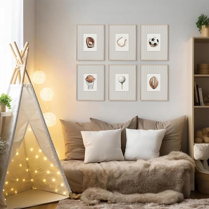 Sports Wall Art Decor Toddler Boys Room Canvas Prints Vintage Sports Nursery Wall Decor Baby Kids Poster Football Baseball Pictures Basketball Theme Artwork for Children Bedroom 8x10x6 Inch Unframed