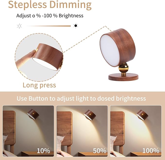 LANDGOO Wood Wall Sconce, Sapele Wood Magnetic 360° Rotatable Cordless Bedside Lamp Set, Rechargeable & Dimmable LED Lights with Touch Control, Wireless Wall Mount for Bedroom