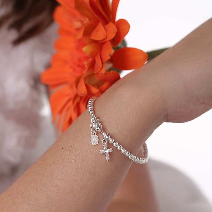 Cherished Moments Girl's 14K Gold-plated Stackable Bracelet with Cross Charm for Girls Baptism, Christening, First Communion and Keepsake Gift
