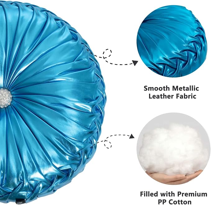 HIG Set of 2 Handcrafted Blue Ruched Round Throw Pillows – 14.5’’ Metallic Leather Decorative Pillows with Soft Polyester Filling for Couch, Bed, Living Room, Bedroom, or Dorm