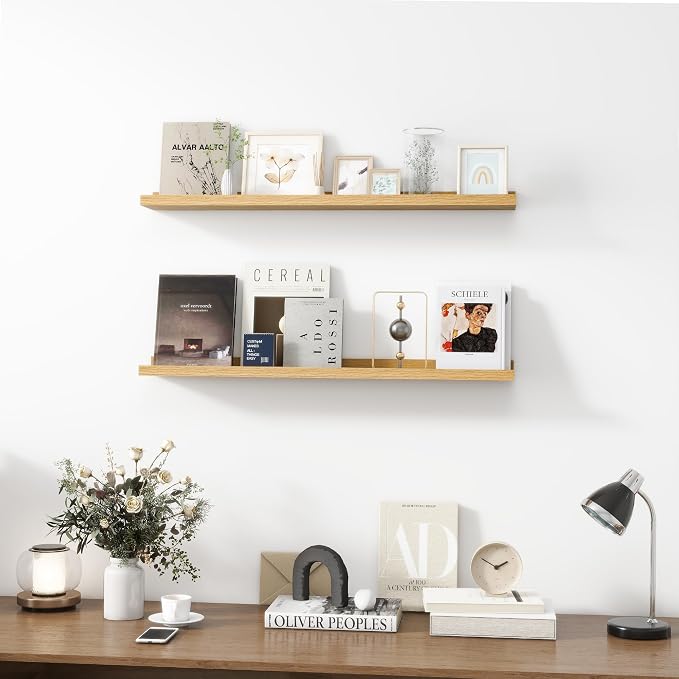 36 inch Picture Ledge Shelf, Wood Floating Shelves, Color Oak, Set of 2 | Photo Ledge, Wall Mounted, For Nursery Book Living Room Kids' Room Bedroom