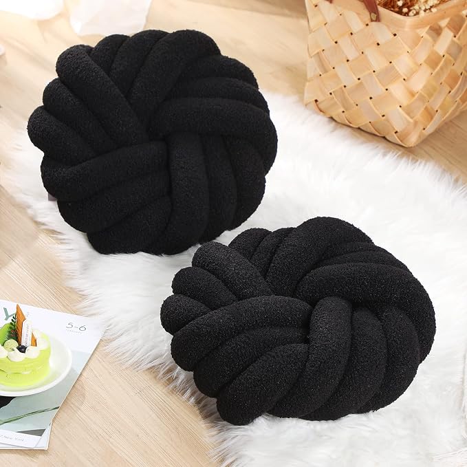 Marsui 2 Pieces Knot Ball Pillows 14 x 14 Inch Decorative Pillow for Couch Bedroom Plush Throw Knot Pillow Soft Handmade Chair Cushion for Living Room Car Decorations (Black)