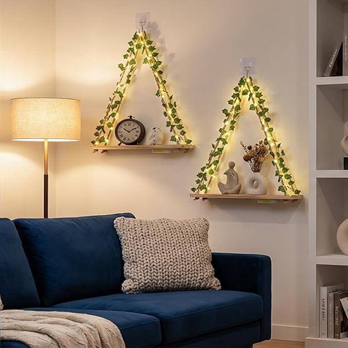 RICHER HOUSE Floating Shelves for Wall, Set of 2 Macrame Hanging Shelf with Artificial Ivy & LED Lights, Boho Room Decor for Bedroom Living Room