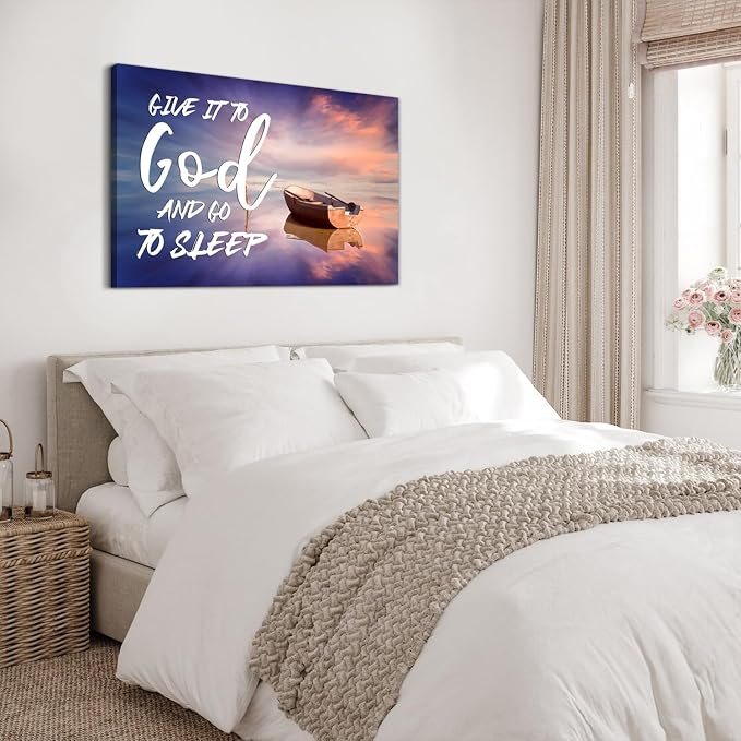 Christian Wall Art for Bedroom Give It to God and Go to Sleep Sign Canvas Prints Office Decor Boat Beach Picture Religious Poster Bible Verse Painting for Living Room Kitchen Home Decorations 32x48''
