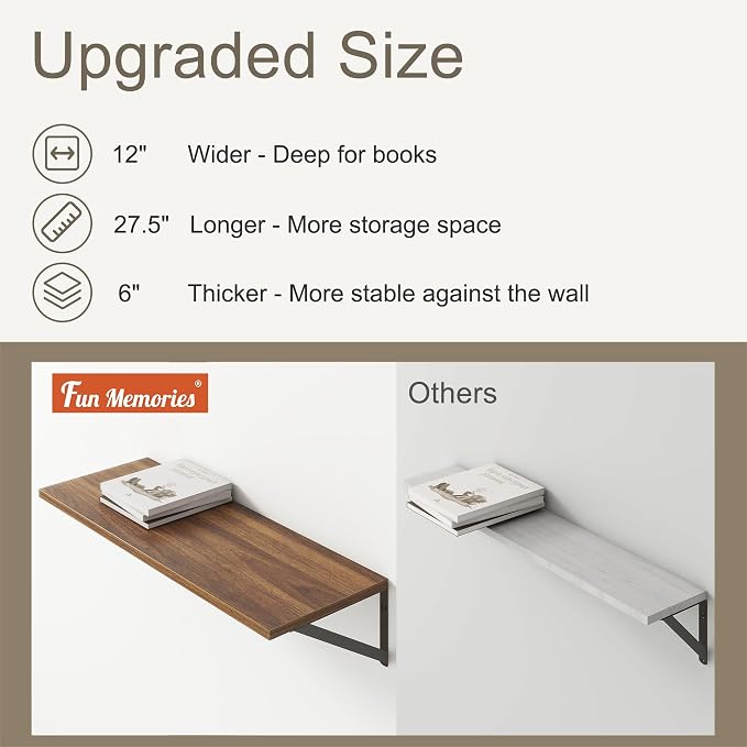 Fun Memories 27.5" W x12 D Floating Shelves, Large Wall Shelves 27.5 Inch Long, Set of 2, Farmhouse Wood Floating Shelf Wall Mounted, Deep Shelves for Bathroom, Living Room, Kitchen, Walnut Color