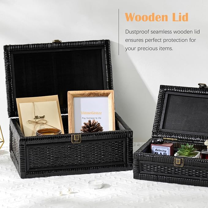 Rattan Box with Lid Decorative Natural Handmade Boho Rattan Baskets Woven Wicker Cane Bins Keepsake Memory Jewelry Boxes Rectangular Desk Shelf Closet Organizer Container (Black, Large)