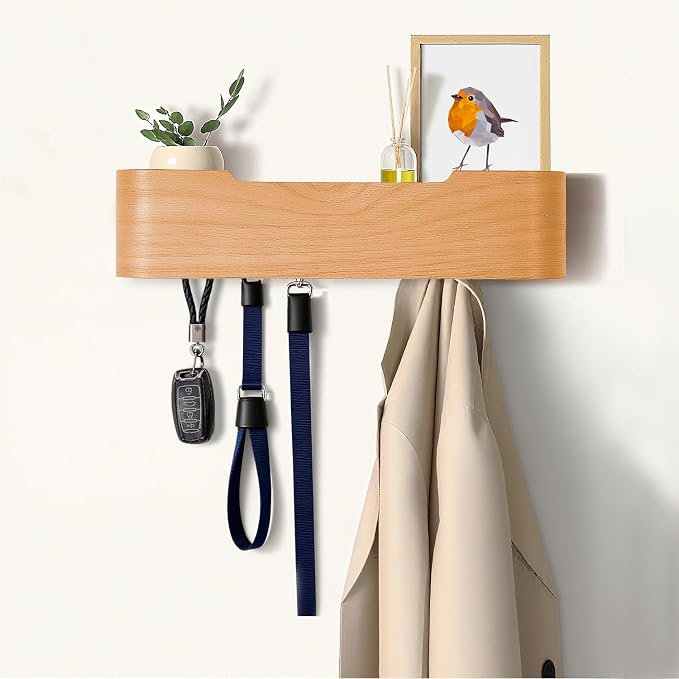Coat Rack Wall Mount with Hidden Hooks, Wall Hooks with Shelf, Wall Key Holder Mount Wooden Shelf Entryway Hooks for Bedroom Bathroom for Hanging Coats Hats Bags Towels (Oak, 4 Hooks)