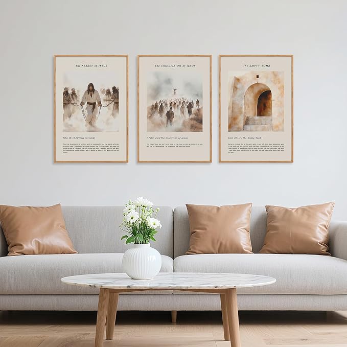 SIKERIC Christian Bible Verse Framed Canvas Wall Art Set, The Arrest of Jesus, The Crucifixion, Empty Tomb Wall Decor, Vintage Jesus Religious Art Print for Living Room, Church, Prayer Room-16"x24"x3