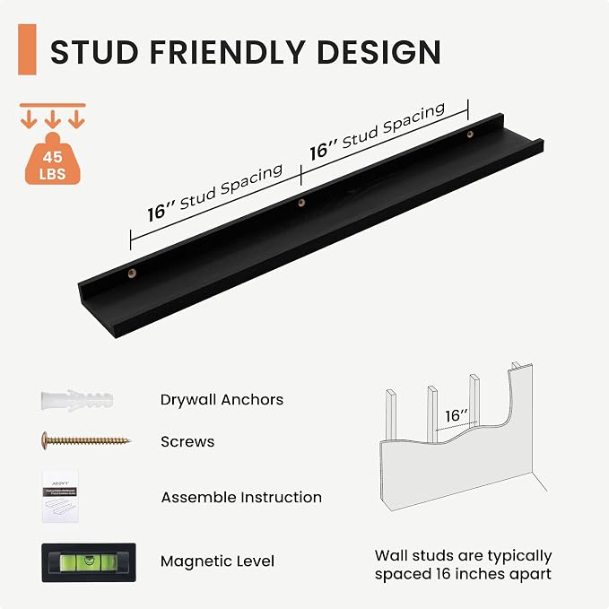 FLYJOE Picture Ledge Shelf Wall, 36 inch Solid Ash Wood Nursery Book Shelves 2 Packs, Floating Ledge Shelves for Kids' Room Bedroom Bathroom Living Room Photo Frames Office Nursey Wall Decor, Black