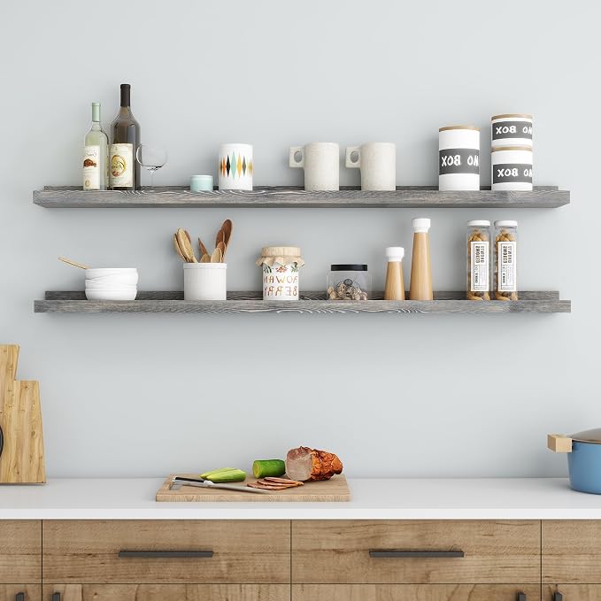 FLYJOE 48 Inches Long Floating Shelves for Wall, Solid Pine Wood Picture Ledge Shelves, Wall Shelves with Lips, Nursery Book Shelves for Toys Storage Living Room Bedroom Photo Frames (2 Pcs, Grey)