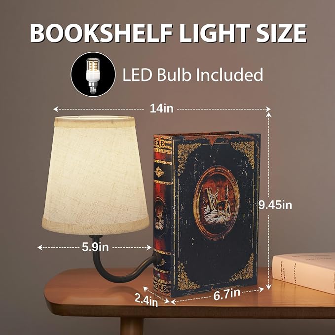 Vintage Bookshelf Lamp Rechargeable Set of Two, Cordless Book Lamp with Linen Shade, Dimmable Touch Control Table Lamp, Modern Decorative Bookend, Bookshelf Lights for Office Home