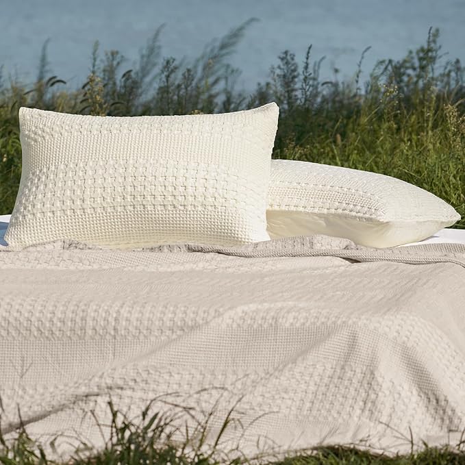PHF 100% Cotton Waffle Pillow Shams Queen Size, 2 Pack 20" x 30" Soft Skin-Friendly Pillowcases, No Filling, Aesthetic Woven and Breathable Waffle Weave Pillow Case Covers for Bed, Ivory