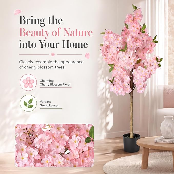 Set of 2 Artificial Cherry Blossom Trees 4FT, Faux Pink Sakura Blossom Flower Tree with Secure Heat-Fused Petals & Base, Realistic Potted Fake Plants for Home Office Wedding Indoor Decor