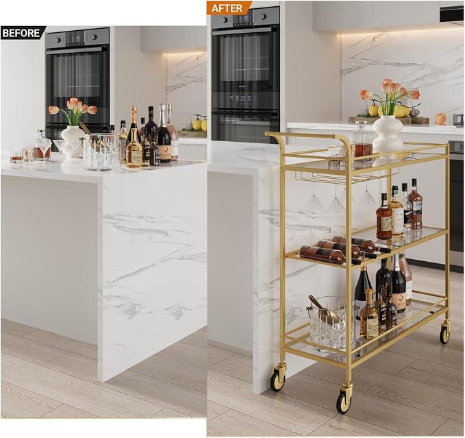 Gold Bar Cart, Home Bar Serving Cart with Handle, Wine Cart with 3-Tier Glass Shelves, Beverage Cart with Wine Rack and Glass Holder, Bar Carts for The Home, Dining Room, Living Room