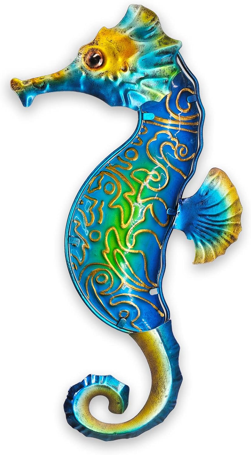 John's Studio Seahorse Sea Wall Decor Outdoor Metal Garden Hanging Art Glass Sculptures Home Ocean Theme Decorations for Kitchen Bathroom and Pool