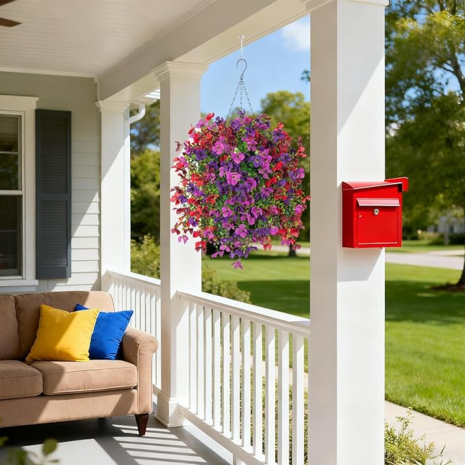 Artificial Hanging Flowers Plants with Basket for Outdoors, Realistic Faux Silk Daisy Flower Eucalyptus for Spring Decor, UV Resistant Fake Plants for Porch Patio Yard Balcony, Purple Red Brown