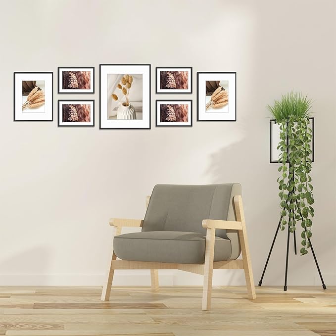 Golden State Art, Aluminum Gallery Wall Frame Set of 7 - Includes One 11x14, Two 8x10, and Four 5x7 - Metal Frames with Mat & Real Glass Cover for Elegant Home or Office Decor (Style 2, Black)