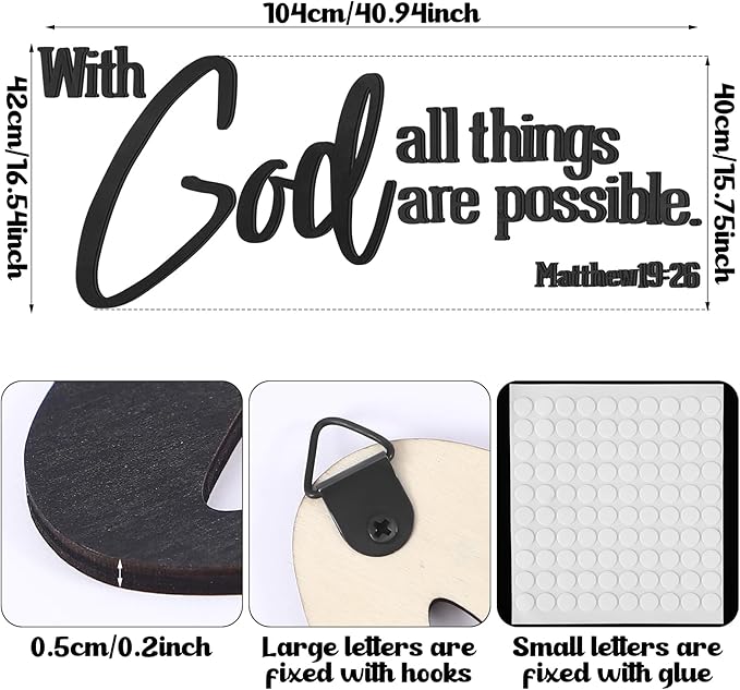 AceOrbit Christian Bible Verses Wall Art Decor with God All Things Are Possible15.7 x 40.9" Wooden Religious Scripture Jesus Wall Decor 3D Letters Hanging Prayer Decoration for Church Home