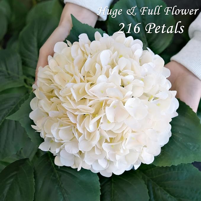 JINWOE Boho Silk Hydrangea Artificial Flowers, 4Pcs 22" Large Lifelike Flowers,Artificial Hydrangeas for Indoor Bouquet Table Centerpieces Home（Cream/Yellow）
