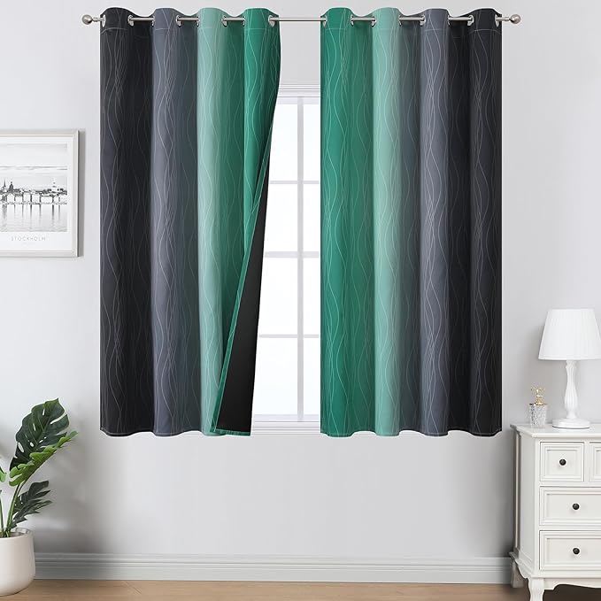 Estelar Textiler Green and Black Ombre Blackout Curtains 54 Inch Length for Kitchen, Room Darkening Thermal Insulated Energy Efficient Grommet Drapes for Bedroom,52x54 Inch,2 Panels