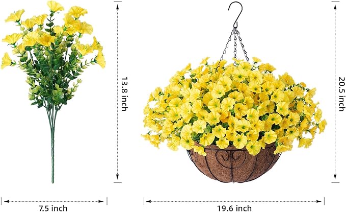 Artificial Fake Hanging Flowers Plants Baskets for Spring Outdoors Decor, Faux Silk Morning Glory in Planter UV Resistant Realistic Outside Flowers for Outdoor Porch Patio Balcony Yard Home, Yellow