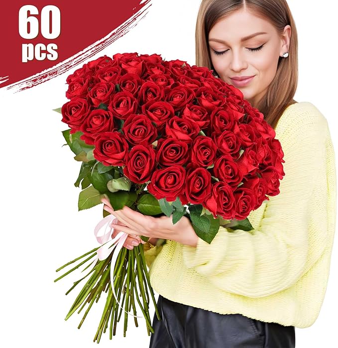 Rowfad 60 Pcs Artificial Roses Bulk Velvet Silk Red Rose Burgundy Roses for Wedding Centerpieces Bridal Bouquet Mohter's Day Valentine's Day Christmas Home Decor (60, Burgundy)