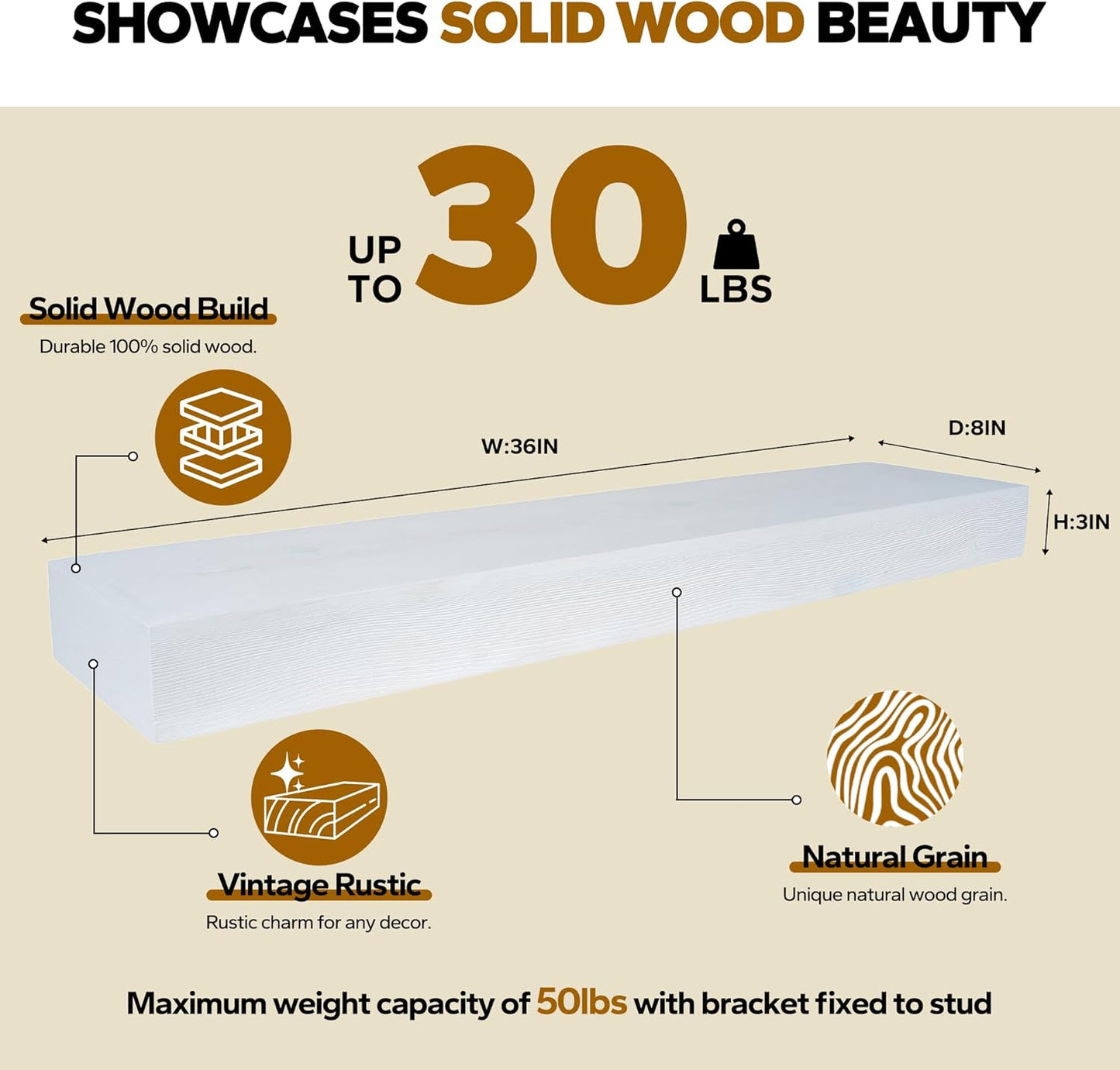 Floating Shelves 3 inch Thick for Wall Set of 2,Solid Pine Wood Wall Mount Shelf for Kitchen Living Room Bedroom Bathroom,8" D x 36" L x 3" H-White