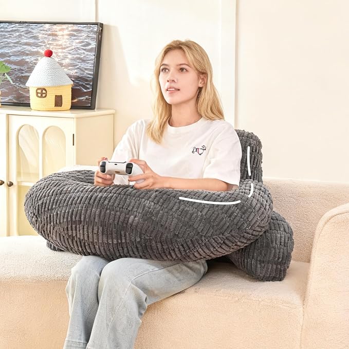 17" Reading Pillow for Bed,U Shaped Arm & Elbow Support,Gray Corduroy | Backrest Supports Back,U Shaped Lap Pillow Cushions Arms,Elbows & Wrists,Ribbed Corduroy for Reading,Gaming,Watching TV