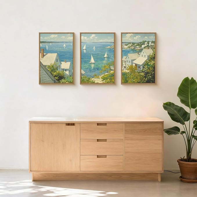 Large Coastal Sailboat Framed Canvas Wall Art Set,Summer Seascape Wall Decor,Nautical Blue Ocean Art Prints,Nature Beach Artwork for Living Room,Bedroom,Dining Room,Office-24 x36 x3