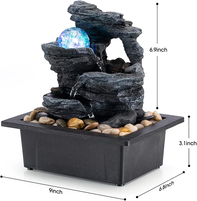 Amootek Tabletop Fountain Rotating Ball Rock Waterfall Fountain Office Includes Many Natural River Rocks Decorated with Colorful Lights, 9.05" L x 6.89" W x 10.23" H