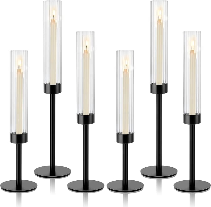 Black Hurricane Candle Holders, Set of 6 Glass Taper Candlestick Holders Metal Candle Stands Bulk with Ribbed Glass Cover for Dining Tables Wedding Candelabra Centerpieces Decor