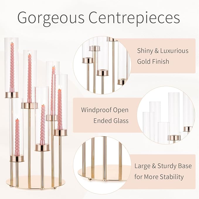 Hurricane Glass Taper Candle Holders: 6 Arm Gold Candelabra Candlestick Holders 24" Tall Candle Holder Candlestick Hurricane Large Gold Candle Holders with Removable Glass Cover Wedding Party Home