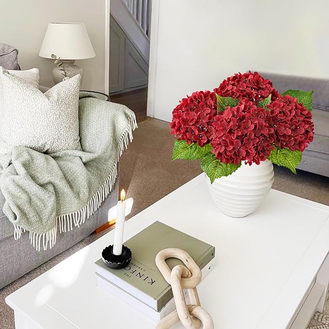 JINWOE Hydrangea Artificial Flowers, Lifelike Latex Silk Real Touch Faux Hydrangea Flowers, Artificial Hydrangeas Bouquet for Wedding Centerpieces Tables Party Home (Red)