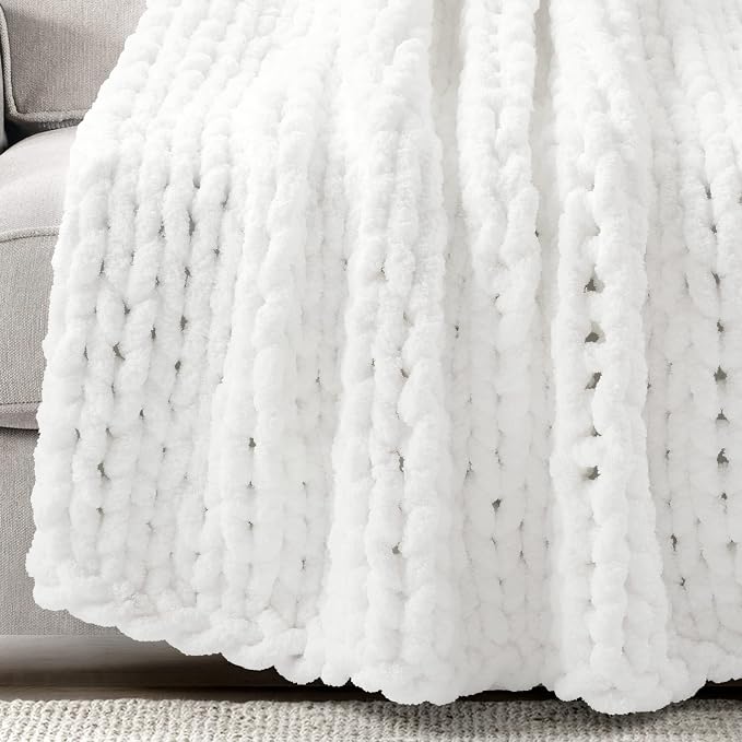 Lush Decor Hygge Ultra Soft Cozy Chenille Chunky Knit Throw Blanket, 50" x 40", White