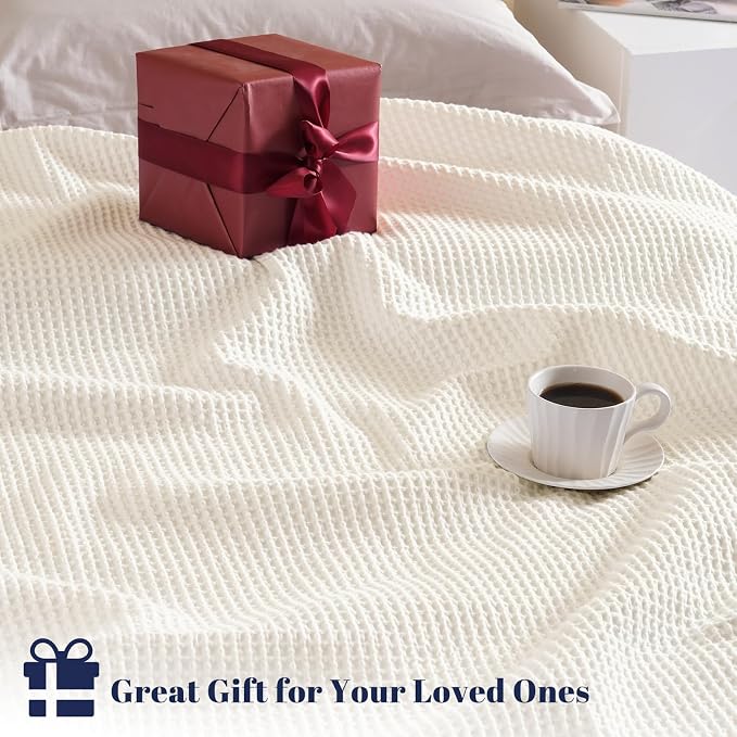 PHF Pre-Washed 100% Cotton Waffle Weave Blanket King Size for Bed,Snag Proof Throw Blanket for Couch Spring Summer Lightweight Breathable,Machine Washable, Home Decor Gift - Cream