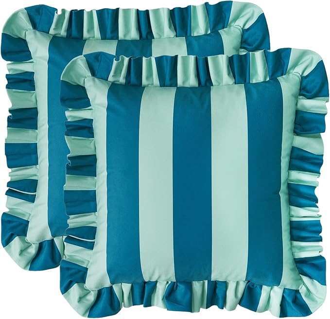 MONDAY MOOSE Decorative Throw Pillow Covers, Set of 2 Water-Resistant Striped Design with Ruffle Edge for Outdoor/Indoor Use, Pillow Inserts Not Included (22x22 inch, Blue/Light Blue)